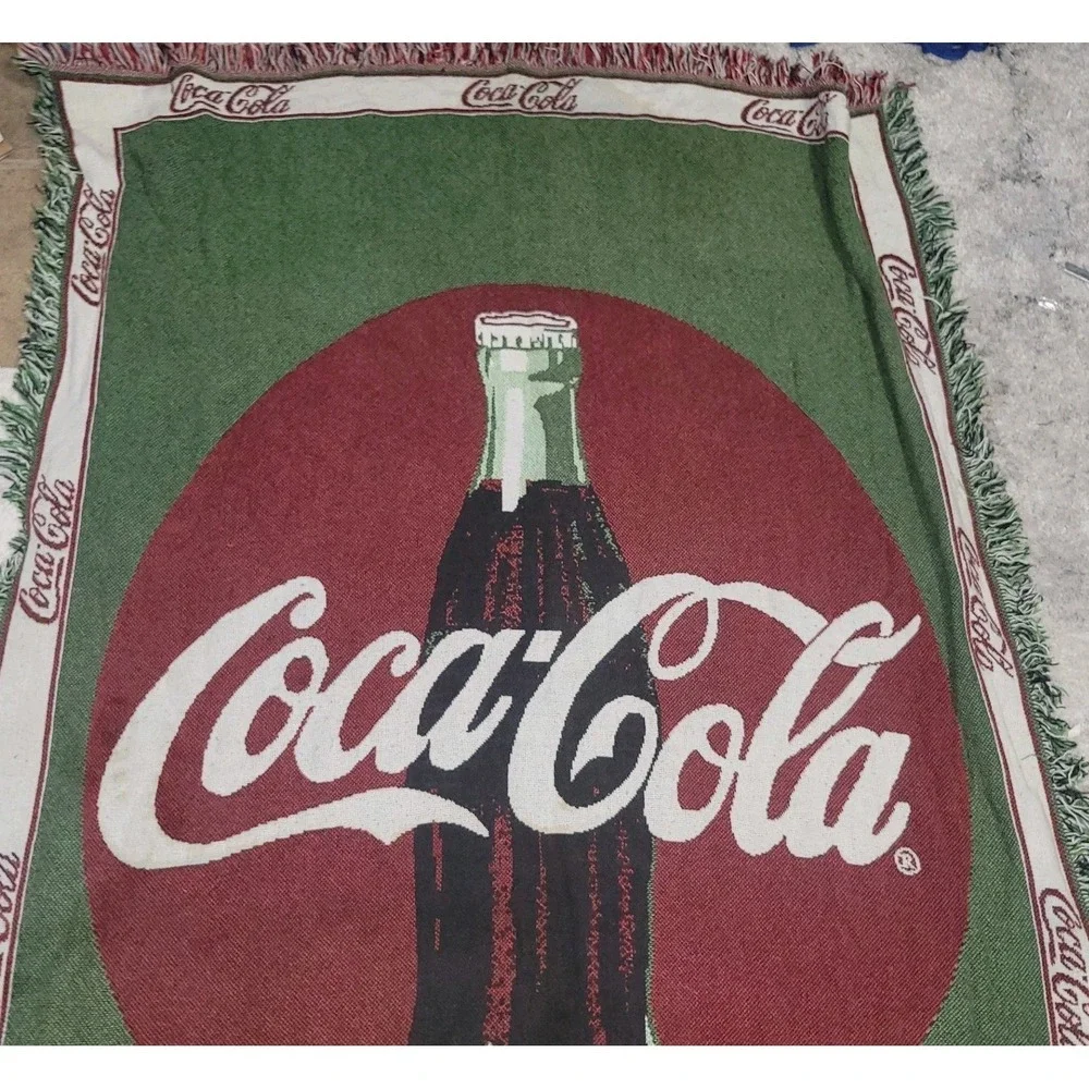 Vintage 1993 Coca-Cola Tapestry Red & Green Woven Throw Blanket 48